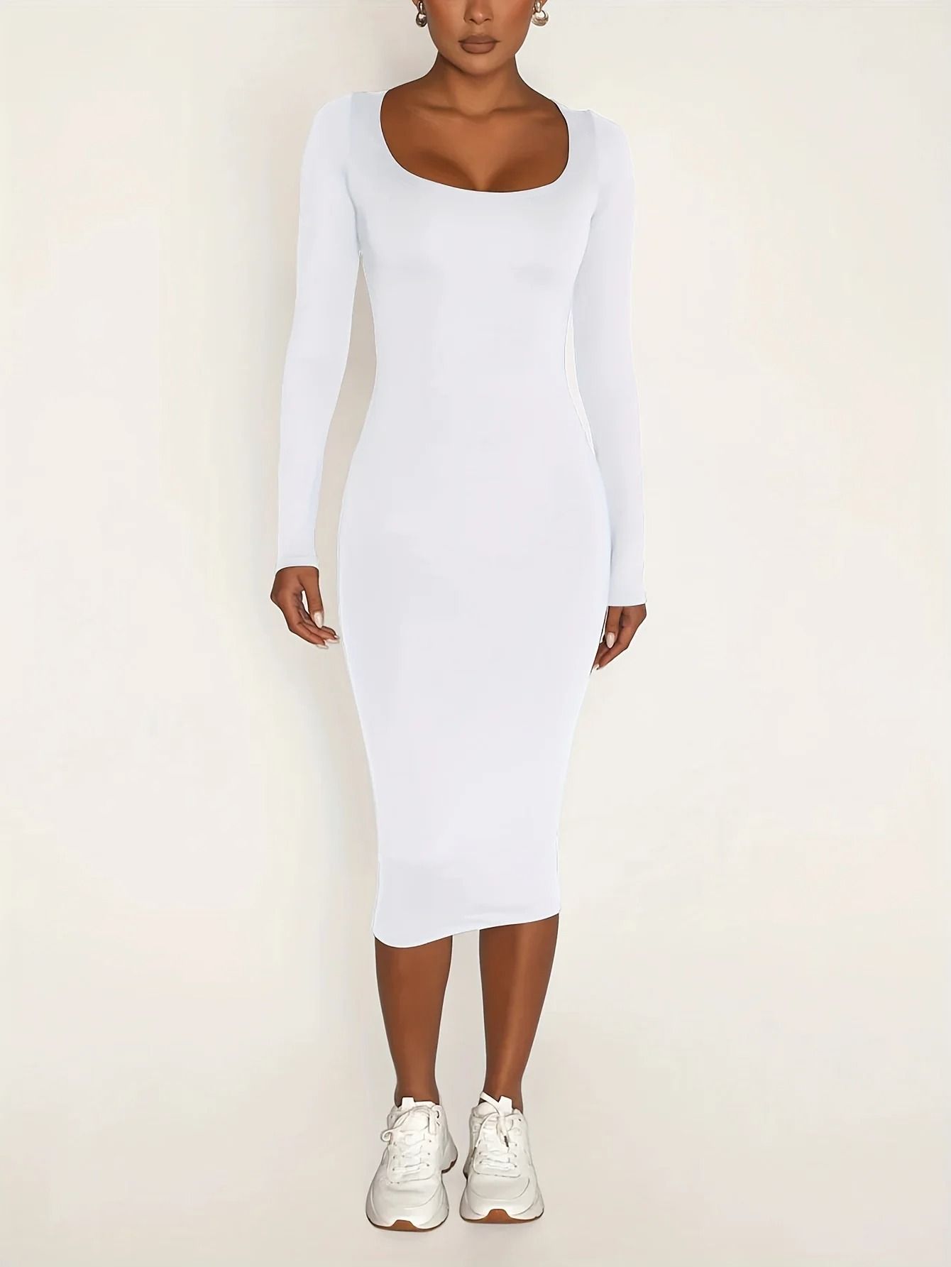 Women’s Long Sleeve U-Neck Party Bodycon Midi Jumper Dress Stretch Winter Wrap