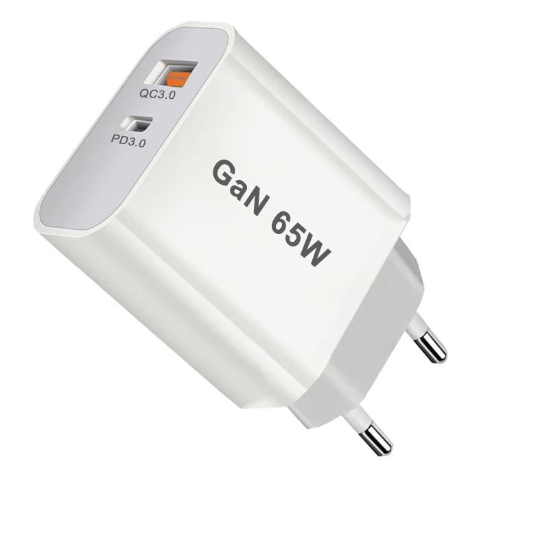 65W PD 3.0 GaN USB-C Fast Charger – Dual-Port Wall Adapter with Global UK/AU/EU/US Plug Compatibility