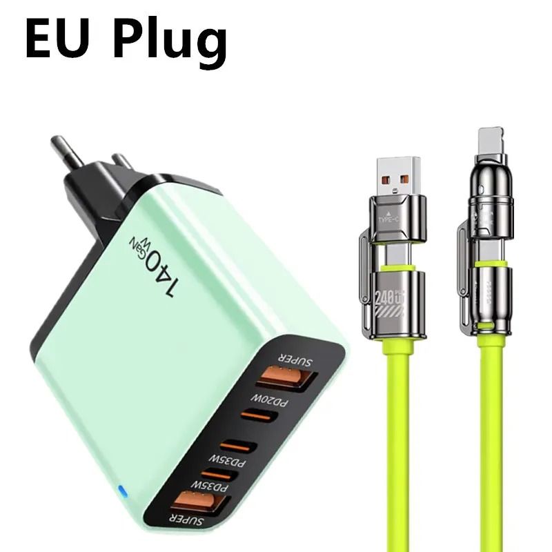 5-Port USB-C PD Fast Charging Station - 4-in-1 Cable Integrated Quick Charge Hub for iPhone, Samsung, Xiaomi & Huawei