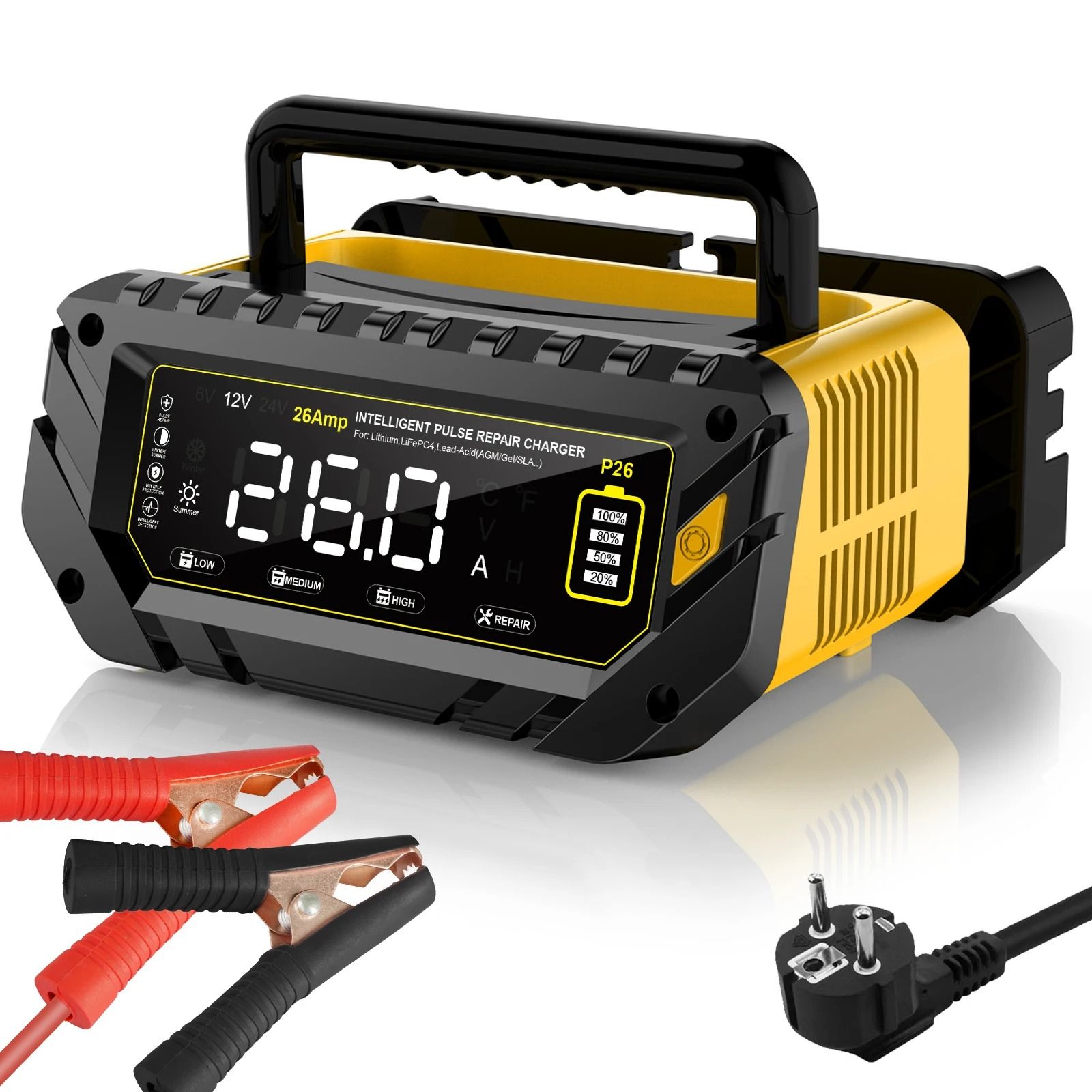 Intelligent 26A Multi-Voltage Battery Charger - 6V/12V/24V Smart Repair for Lithium, LiFePO4 & Lead-Acid