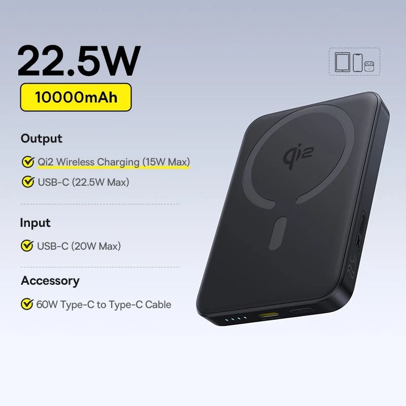 Baseus Qi2 Magnetic Power Bank – 10000mAh 15W Wireless & 22.5W Wired Fast Charger for iPhone 16, 15, 14, 13, 12 Pro Max