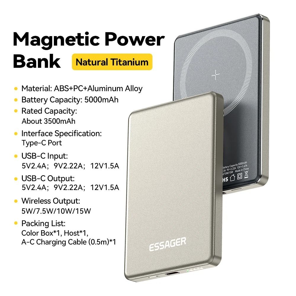 Essager 20W Magnetic Wireless Power Bank – Ultra-Thin 5000mAh Fast Charger for iPhone 17, 16, 15, 14