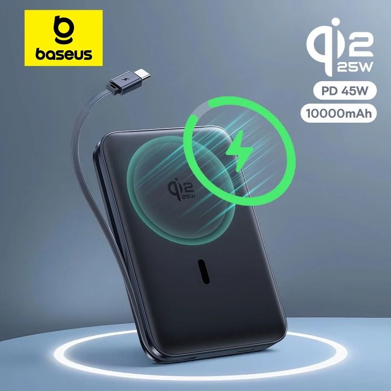 Baseus 45W Qi2.2 Magnetic Power Bank - 10000mAh Wireless Fast Charger with Built-In USB-C Cable