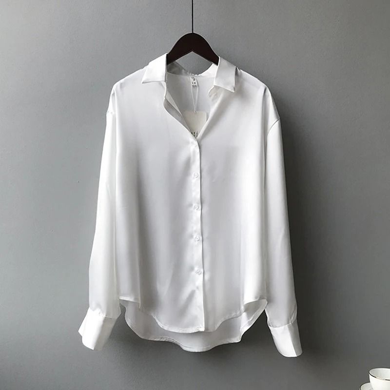 Vintage Satin Silk Button-Up Shirt – Elegant White Long Sleeve Blouse for Spring Fashion