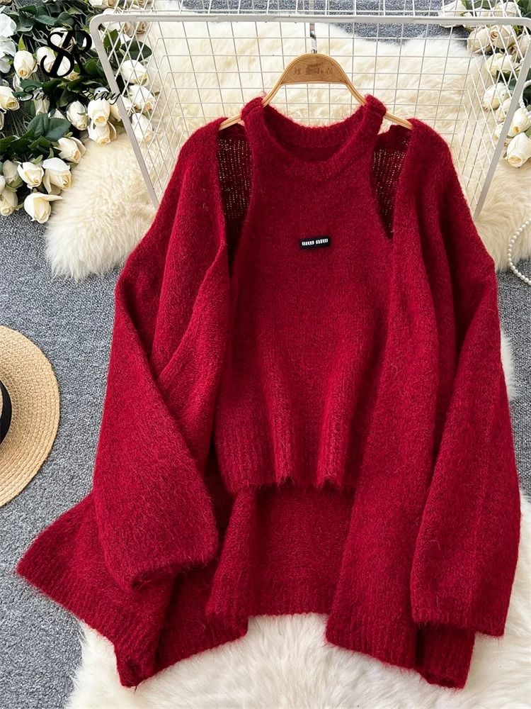 SINGREINY Fashion Solid Cashmere 2-Piece Set – Loose Warm Cardigan & Sleeveless Knitting Tank Top
