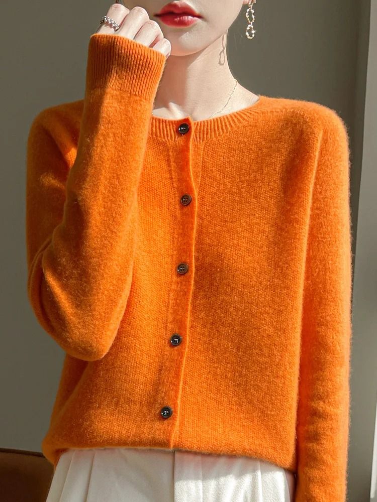 Womens 100% Merino Wool O-Neck Cardigan – Soft Cashmere-Touch OL Buttoned Knitwear