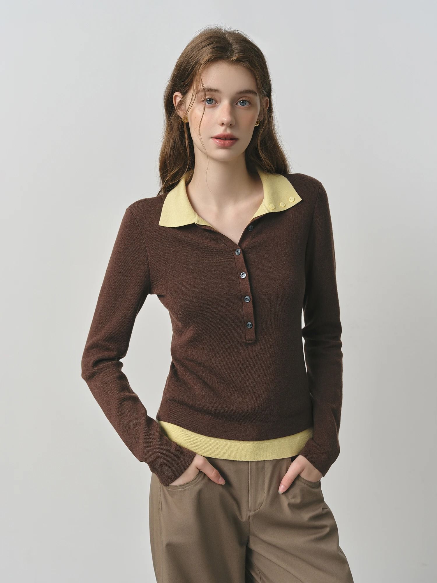 FSLE 2025 Autumn Color Block Knitted Sweater – Vintage Fake Two-Piece Turn Collar Cable Knit Top