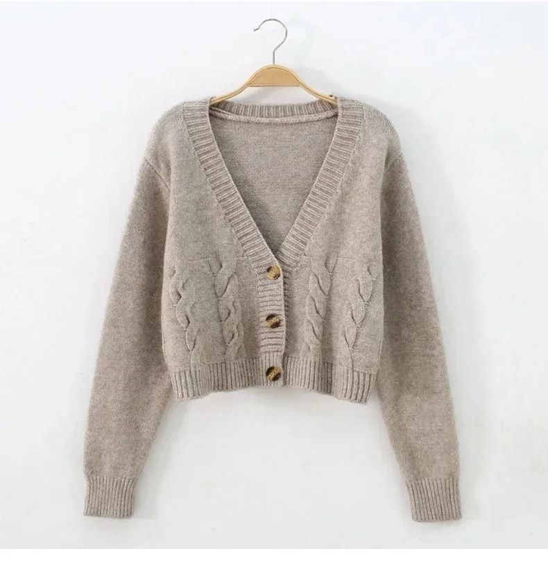 V-Neck Cropped Cardigan – Korean Fashion Twist Knitted Sweater Coat for Autumn & Winter