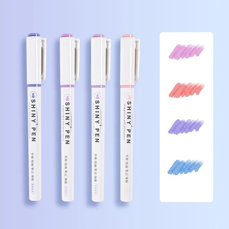 4-Color Glitter Highlighter Markers - Premium Kawaii Shimmer Stationery for Students and Journaling