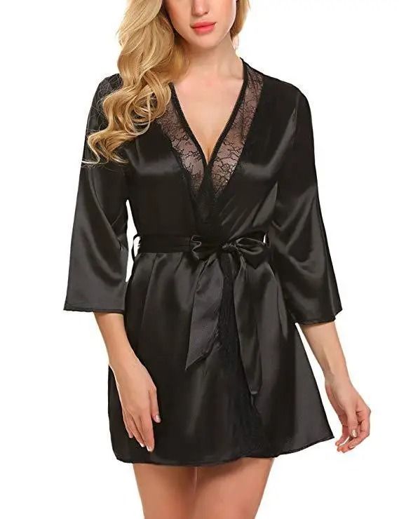 Women's Sexy Lace Satin Robe – Elegant Short Nightgown & Kimono Lingerie for Plus Size Comfort