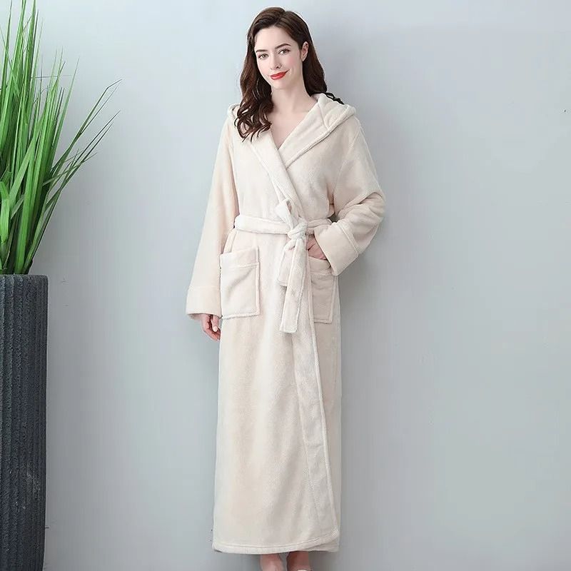 Extra Long Winter Coral Fleece Bathrobe – Hooded Warm Kimono & Cozy Shower Robe for Women