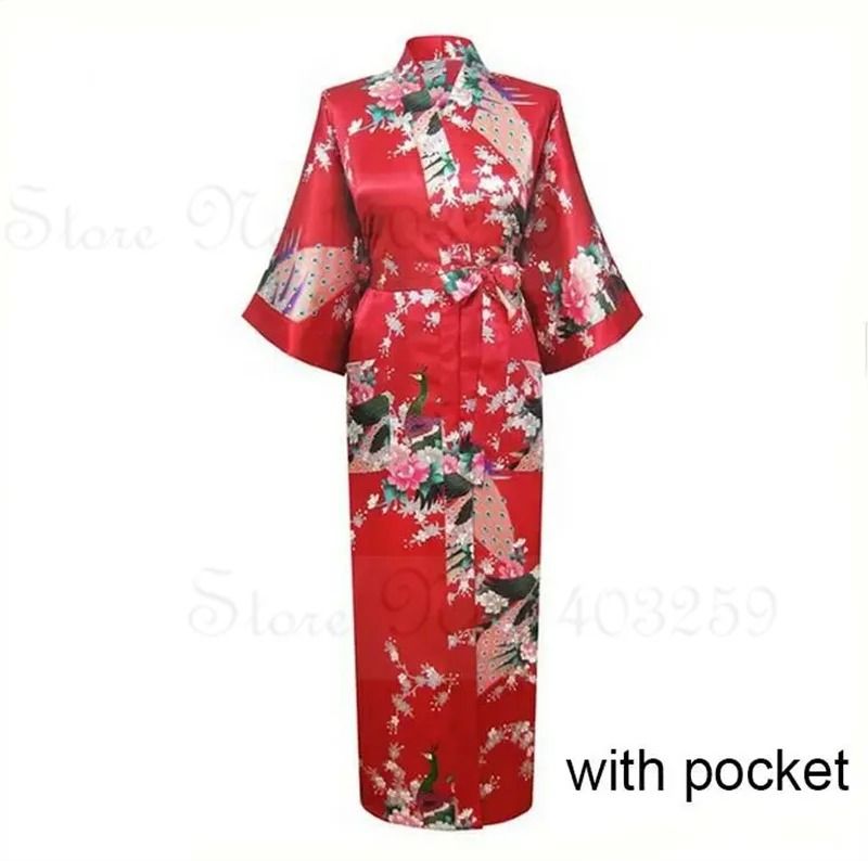 Large Size Peacock Print Kimono Bathrobe – Elegant Flower Satin Long Robe & Loose Loungewear Nightgown