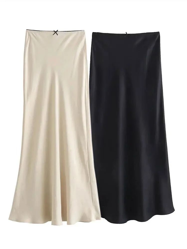 Mooyufon Vintage Satin High-Waist Long Skirt – Spring 2024 Chic Bow Decoration H-Line Skirt