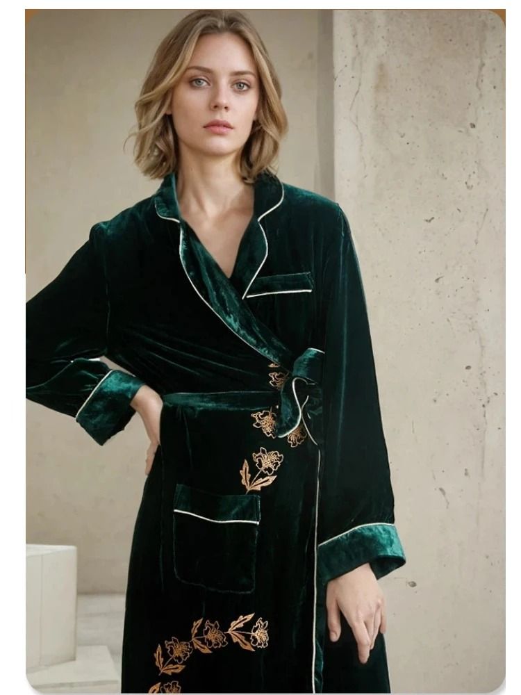Luxury 19 Momme Heavyweight Silk Long Robe – 100% Mulberry Silk Velvet Winter Bathrobe