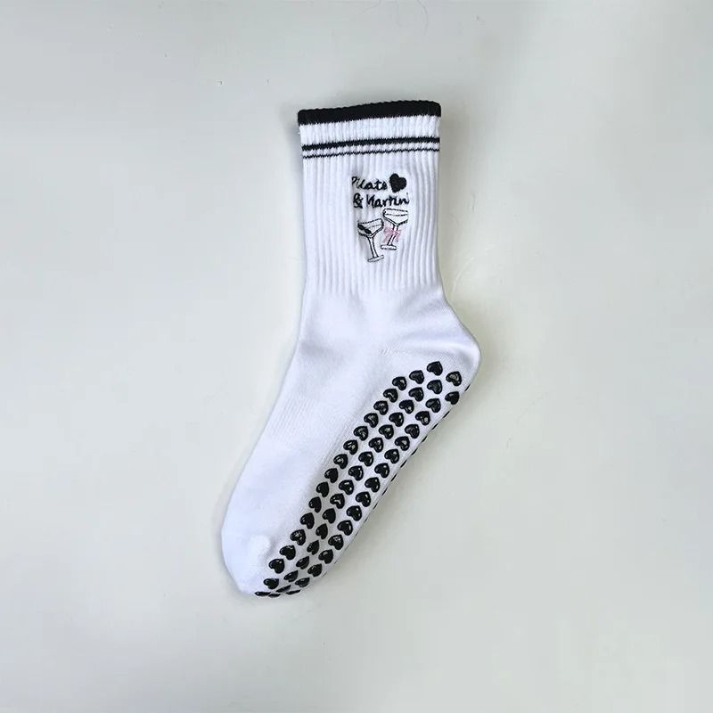 Knitted Embroidered Yoga Fitness Pilates Sports Socks Silicone Non Slip Bottom Women Middle Socks