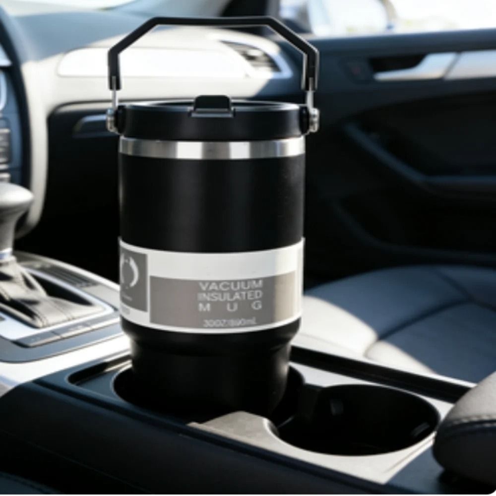 Portable Car Cup Stainless Steel Double Walled Travel Sports Water Bottle Coffee Vacuum Flask With Straw and Handle