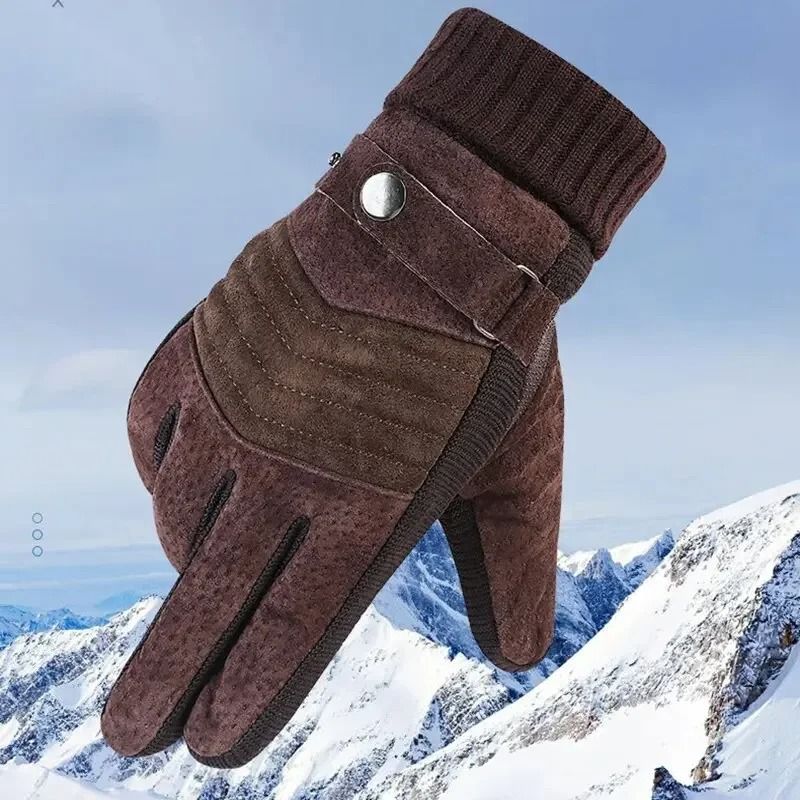 Mens Winter Cycling Motorcycle Gloves Windproof Cold Insulation Warm Leather Touch Screen Anti-Slip Thick Pile