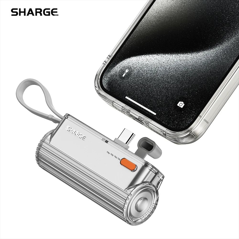 SHARGE Flow Mini 5000mAh Power Bank | Integrated USB-C & Lightning Connectors for iPhone 15 & Samsung