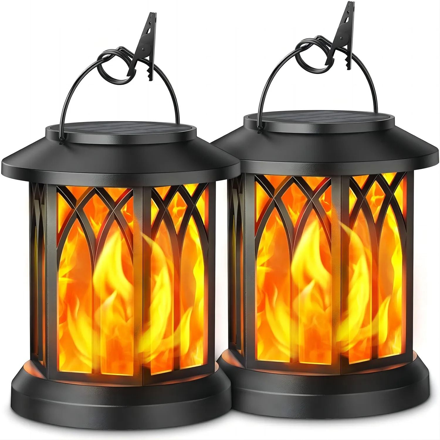 2-Pack Upgraded Flickering Flame Solar Lanterns | Hanging Outdoor Garden Lights in Bronze & Black