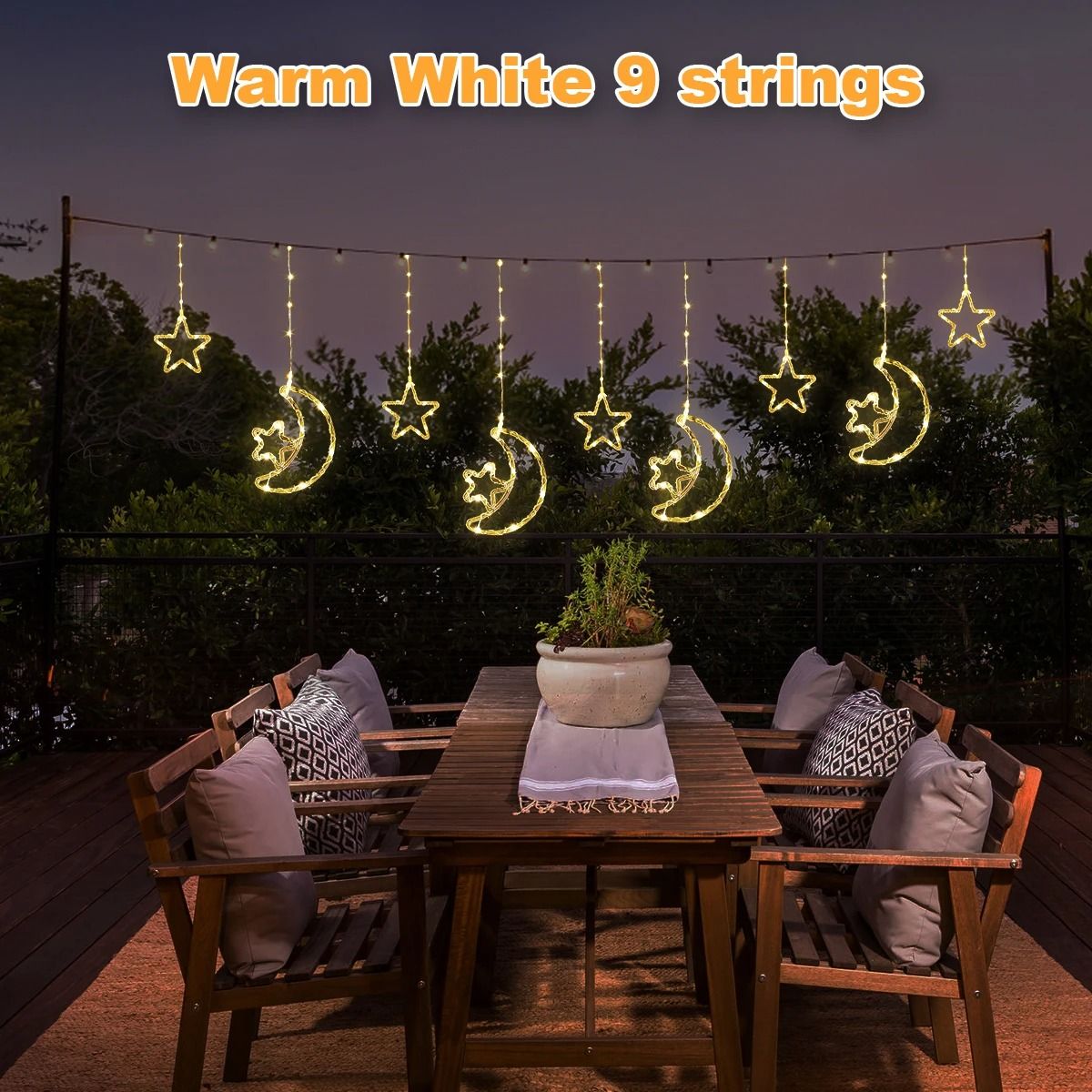Solar LED Moon Star Curtain Lights Waterproof Outdoor String Lights with 8 Modes