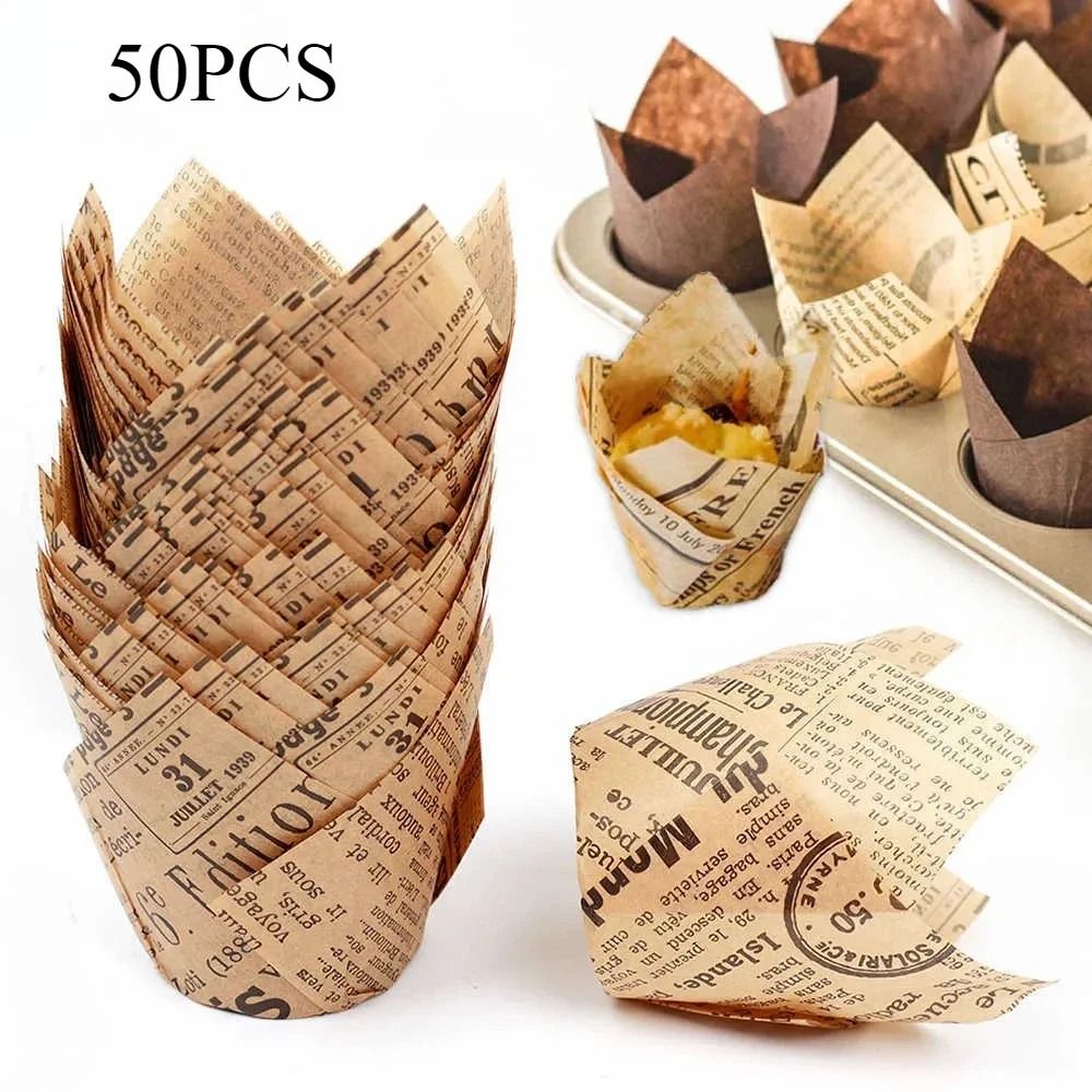 50pcs Newspaper Style Tulip Cupcake Liners and Baking Cups for Weddings and Parties