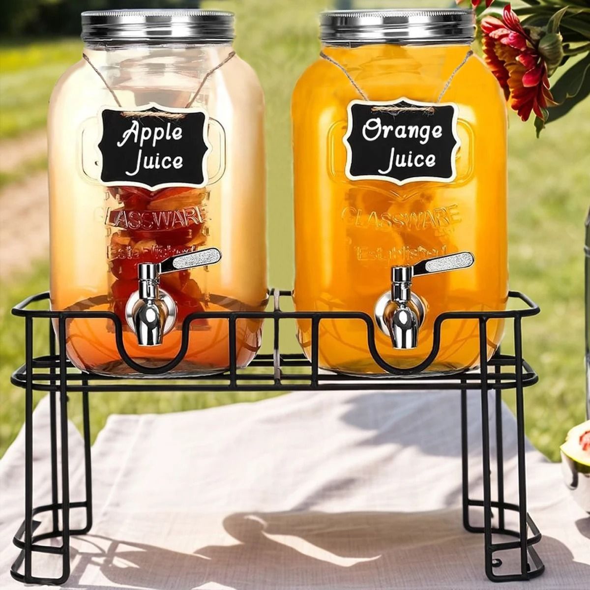 2-Pack 1-Gallon Glass Drink Dispensers with Metal Stands and 304 Stainless Steel Faucets