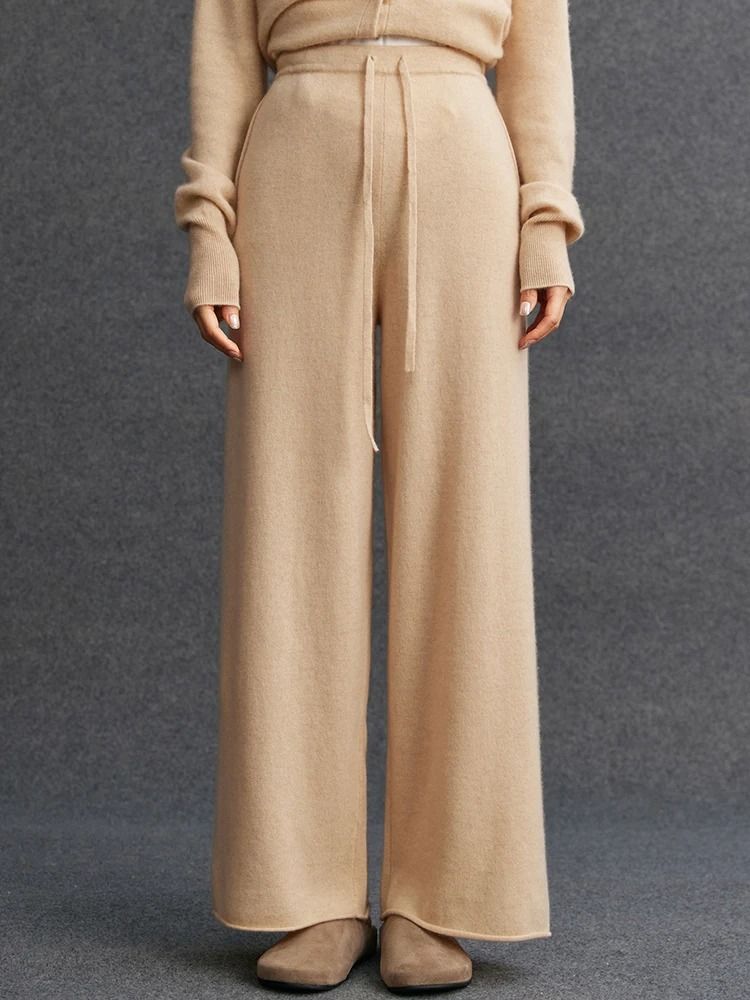 100% Cashmere Thin Office Straight Pants Autumn Winter Warm Curled Hem Knitted Lounge Trousers