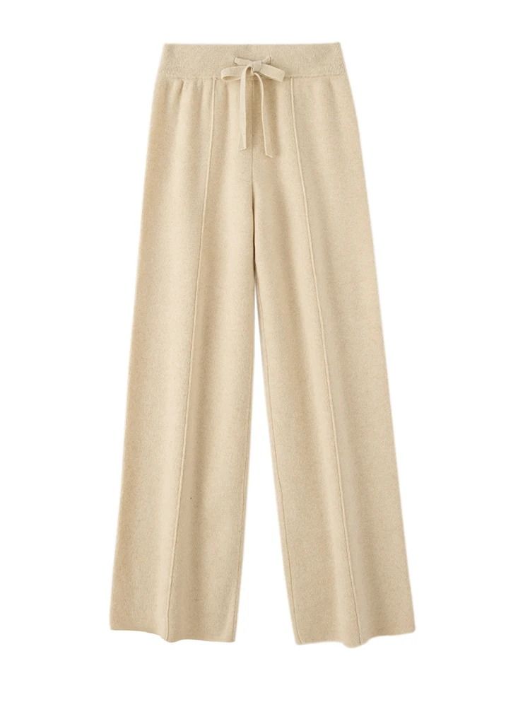 100% Merino Wool Wide Leg Pants Autumn Winter Lace Up Mid Seam Cashmere Trousers Knitted Bottoms