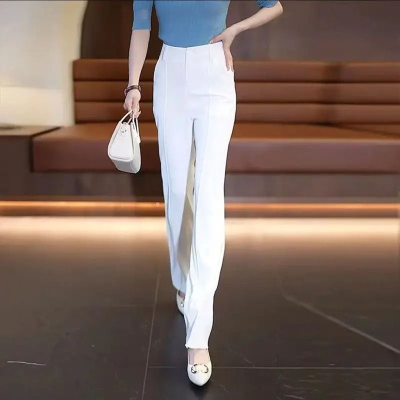 Chiffon Straight Leg Wide Trousers Chic Elegant Satin Silk Finish Office Work Pants