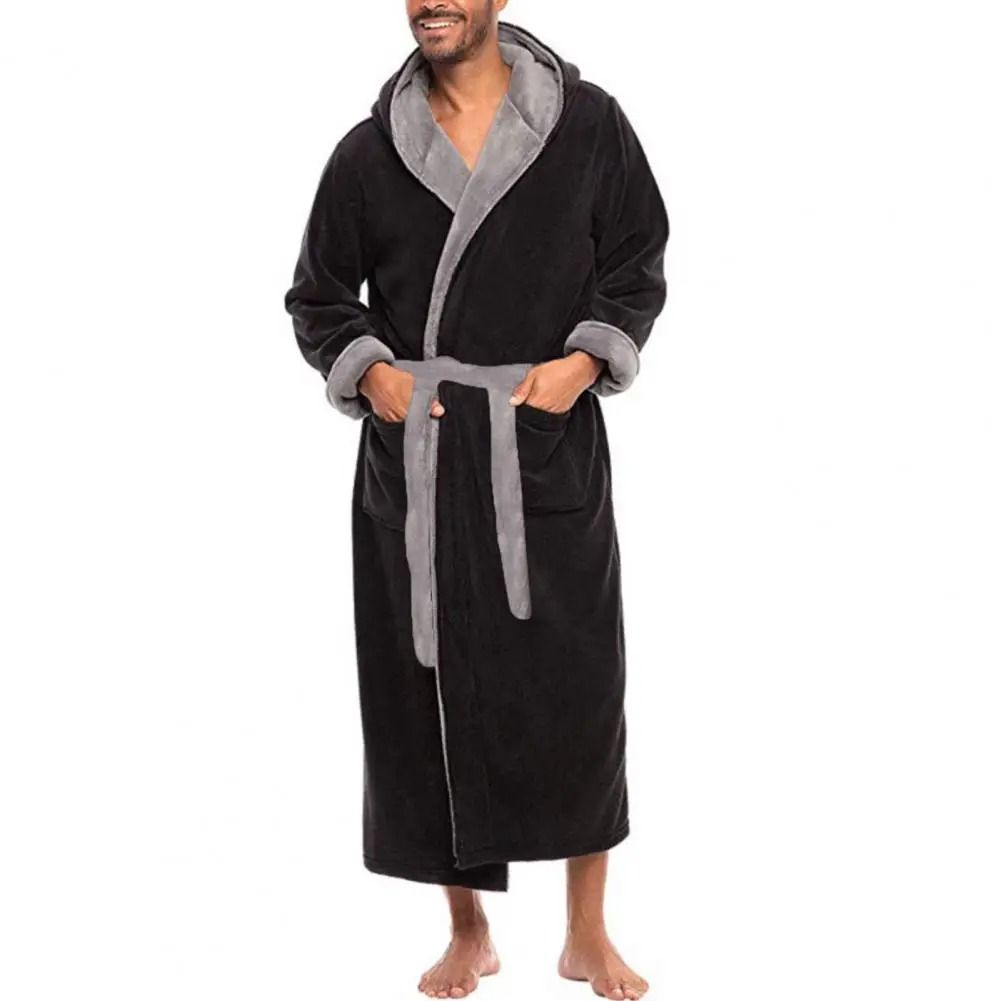 Mens Color-Block Coral Fleece Bathrobe | Professional Autumn-Winter Plush Home Gown & Sleepwear System