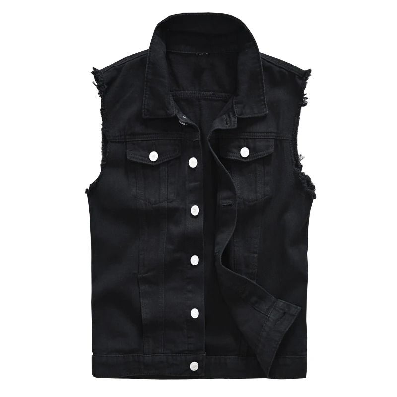 Mens Sokotoo Slim Black Jean Vest | Premium Fringe Denim Waistcoat & Sleeveless Tank Top Infrastructure