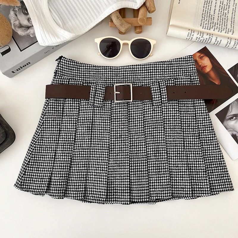 Womens Y2K Houndstooth Mini Skirt | Premium Low Rise Woolen Pleated Skirt & Autumn Winter Fashion Belt Set