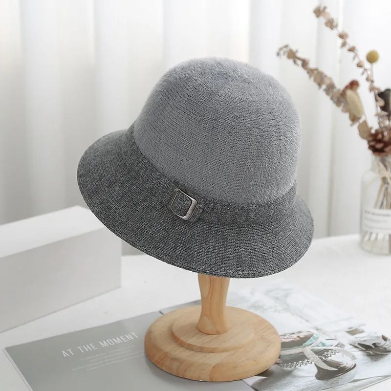 Womens Faux Mink Cashmere Knitted Bucket Hat Solid Color Artistic Sun Cap