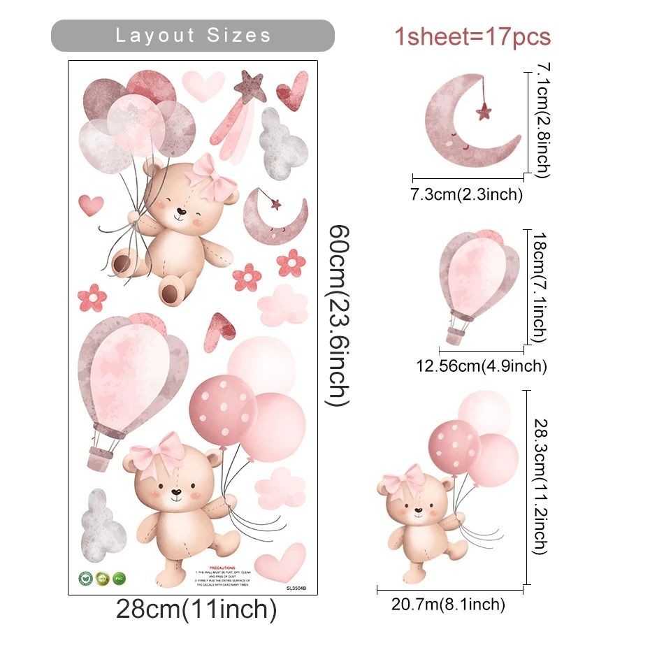 Pink Cartoon Bear with Floating Balloons Wall Stickers for Kids & Nursery