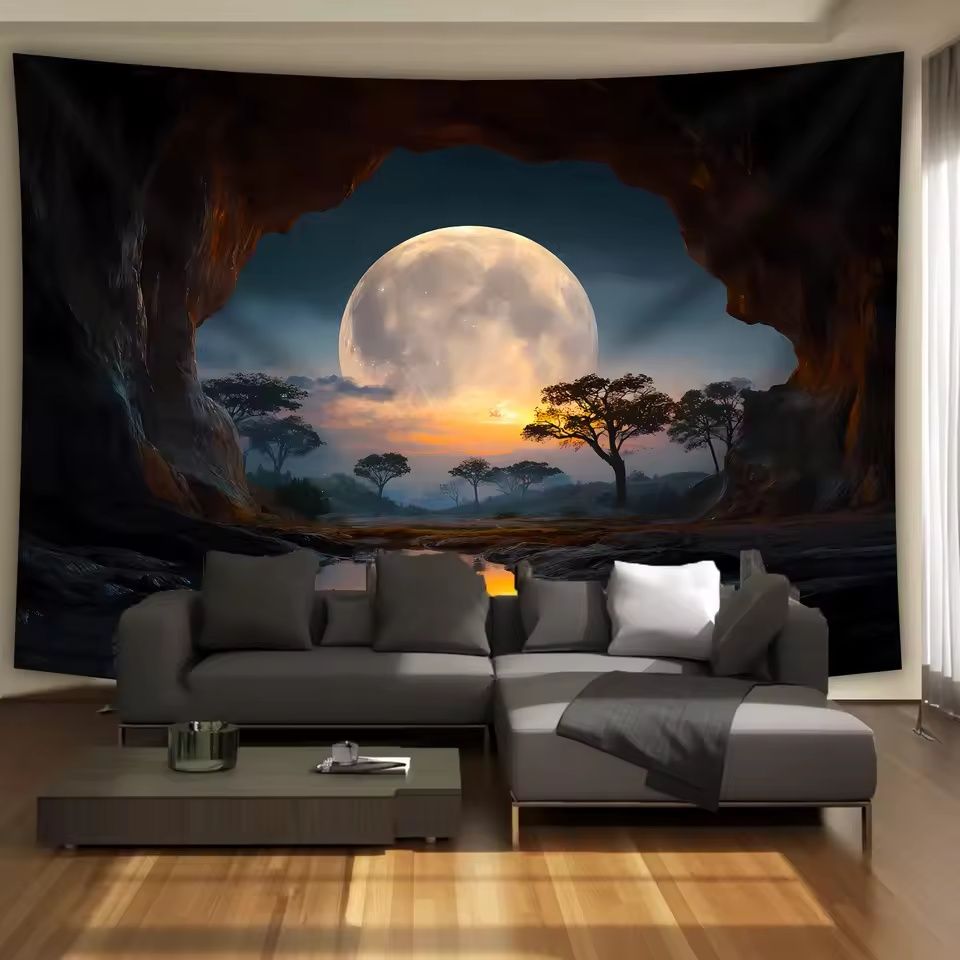 Tranquil Cave Forest Moon Scenery Tapestry | Mystical Nature Wall Hanging