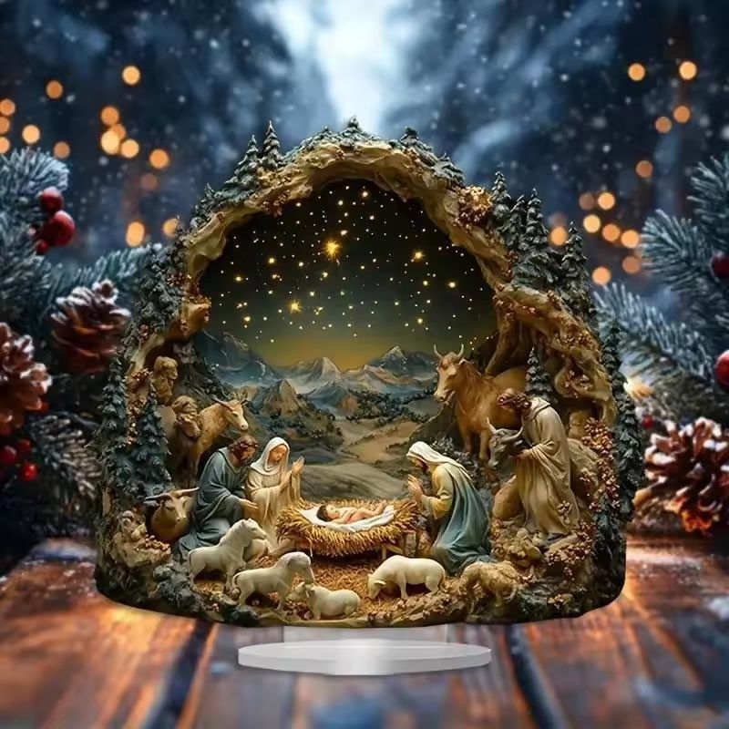 Transparent Nativity Scene Ornament | Glossy Acrylic Christian Xmas Centerpiece