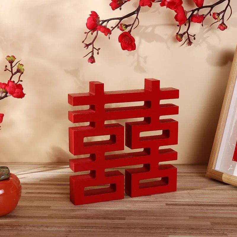 Traditional Red Wood Double Happiness Xi Decor | Oriental Wedding & Festival Tabletop Sculpture