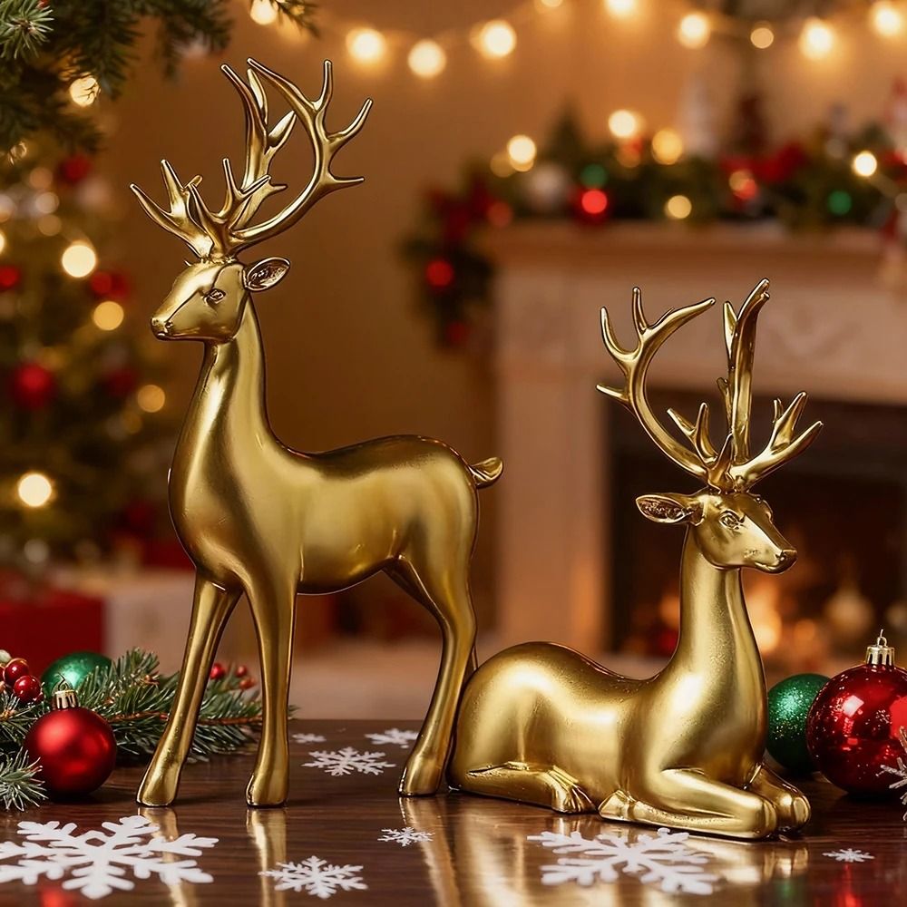 Golden Reindeer Christmas Table Decor | 2-Piece Elegant Elk Home Statue Set