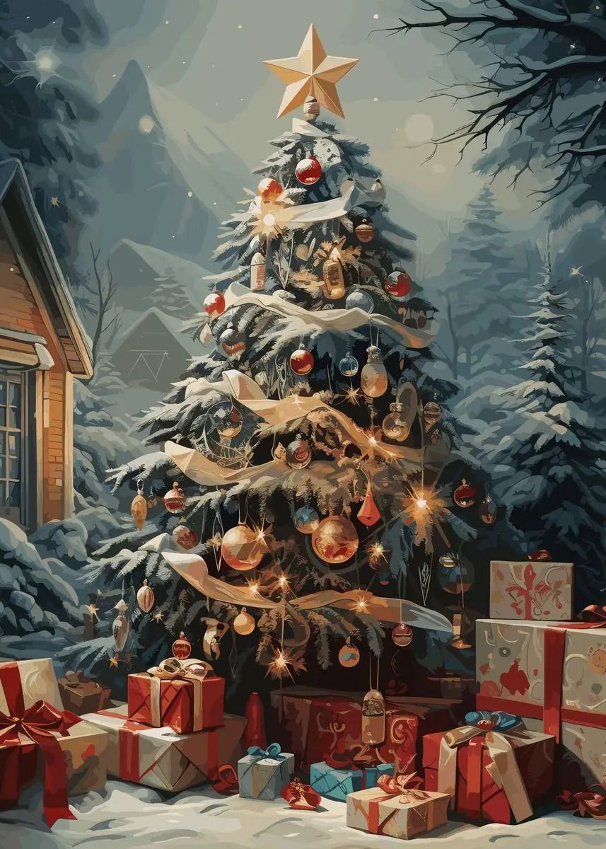 Classic Traditional Christmas Wall Art | Santa Claus & Tree Gift Poster Canvas Painting