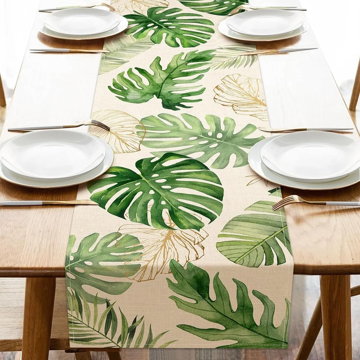 Tropical Summer Palm Leaves Table Runner | Lush Greenery Linen Dining Decor & Outdoor Party Accent