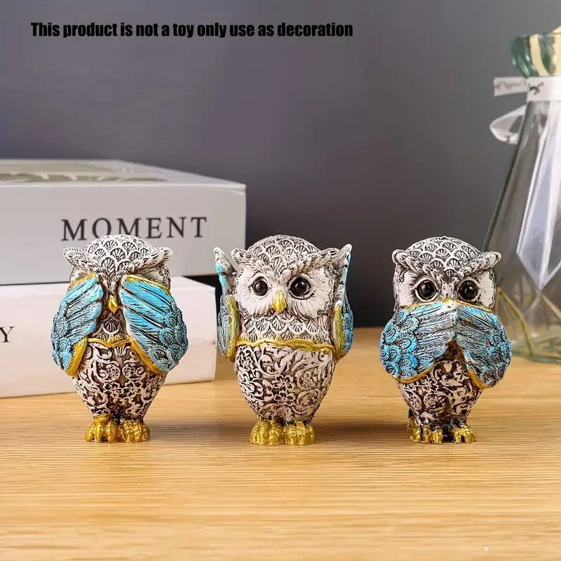 "Hear, See, Speak No Evil" Resin Owl Set | 3-Piece Wise Owl Sculptures & Office Decor