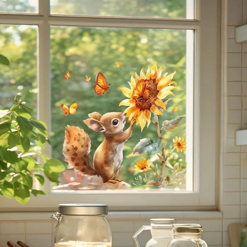 Rustic Watercolor Squirrel & Sunflower Decal | 12-Inch Animal Print for Glass Windows & Nursery Wall Art