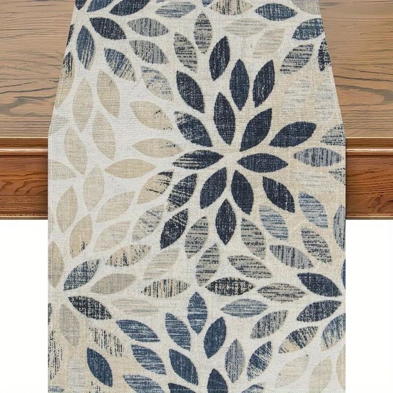 VIKAMA Elegant Linen Table Runner | Fresh Floral & Geometric Table Flag for Farmhouse Dining & Party Decoration