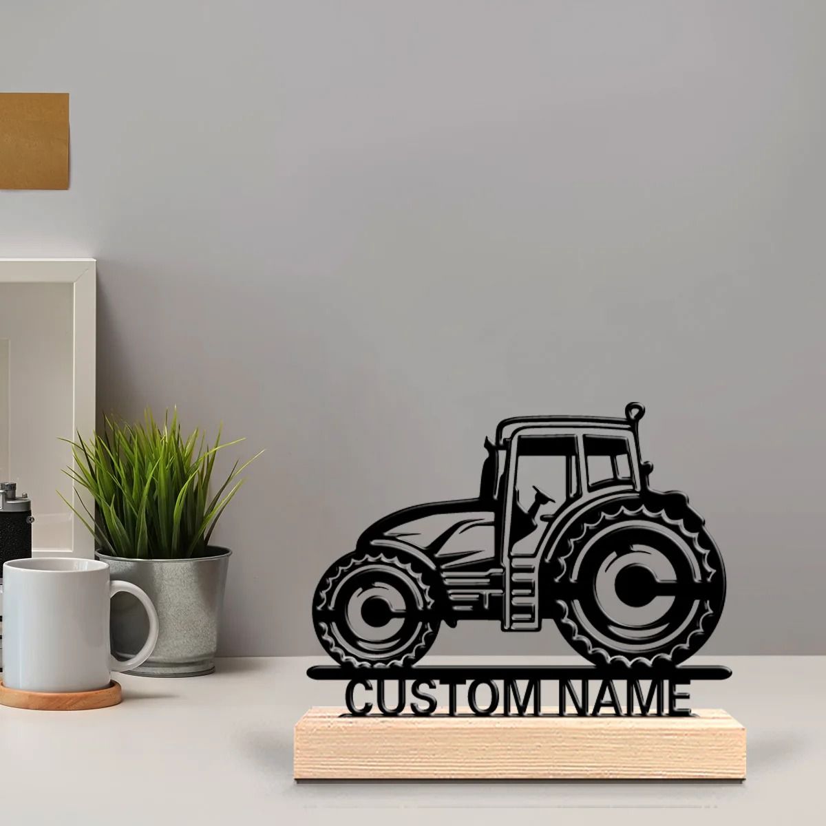 Custom Personalized Tractor Metal Art | Laser-Cut Silhouette with Wooden Base for Modern Farmhouse Desk Decor