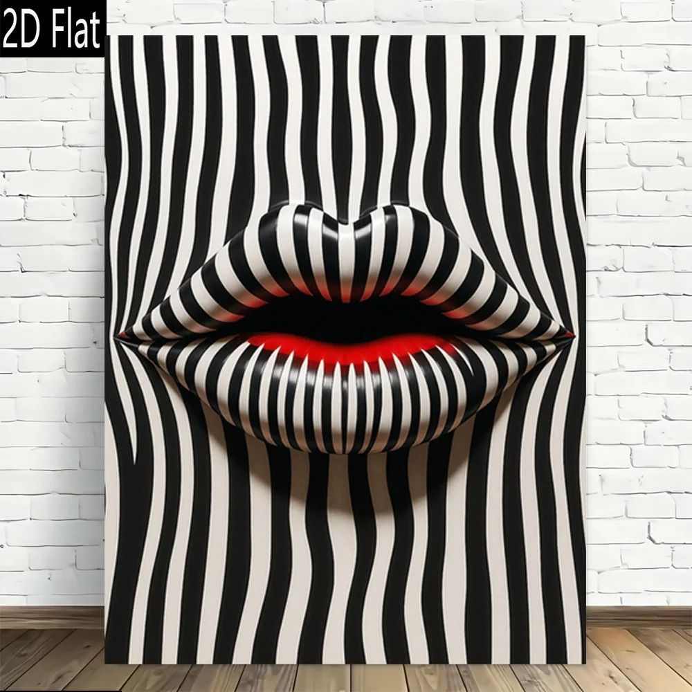 Abstract Striped Lip Canvas Wall Art | Modern Retro Black & White Print for Chic Home & Office Decor