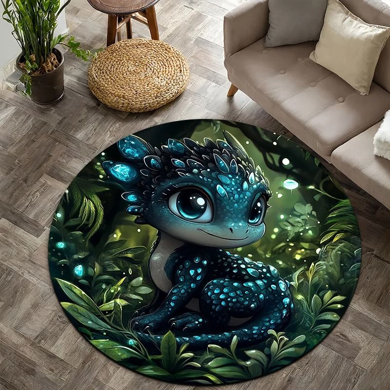 Cartoon Jungle Baby Dragon Round Rug | Non-Slip Flannel Floor Mat | Playful Bedroom & Garden Carpet Accent