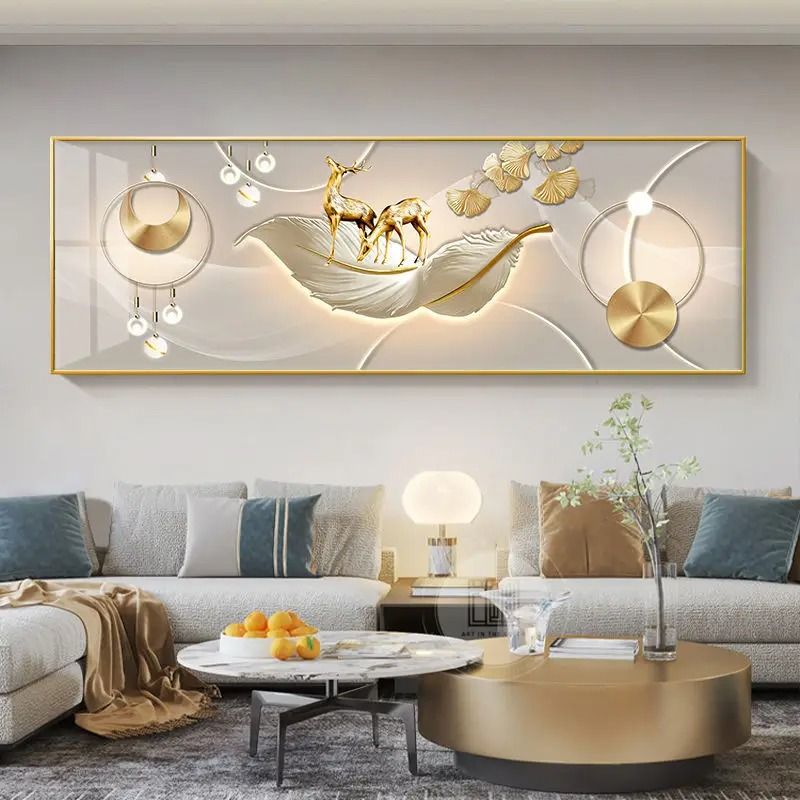 Chinese Style Golden Leaves & Deer Canvas Art | Feng Shui Mountain Poster | Luxury Feather Wall Art for Living Room