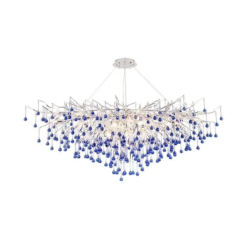 Luxury Branch Chrome Crystal Chandelier | Modern Teardrop Art Hanging Lamp | Pink & Blue Crystal Living Room Light