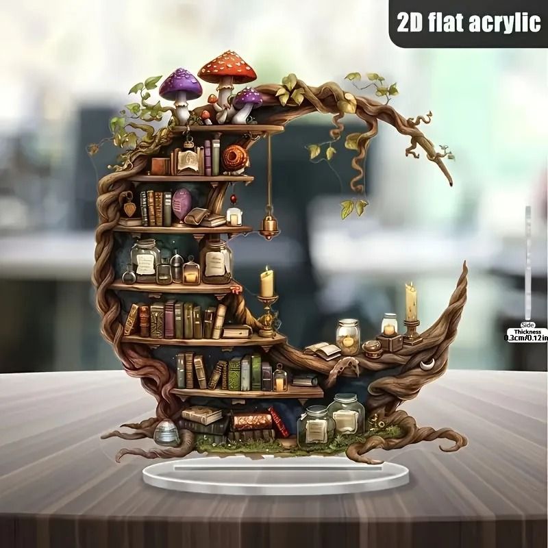 Bohemian Moon Library Desk Decor | Enchanted Forest 2D Acrylic Stand | Professional Mystic Bookshelf Ornament