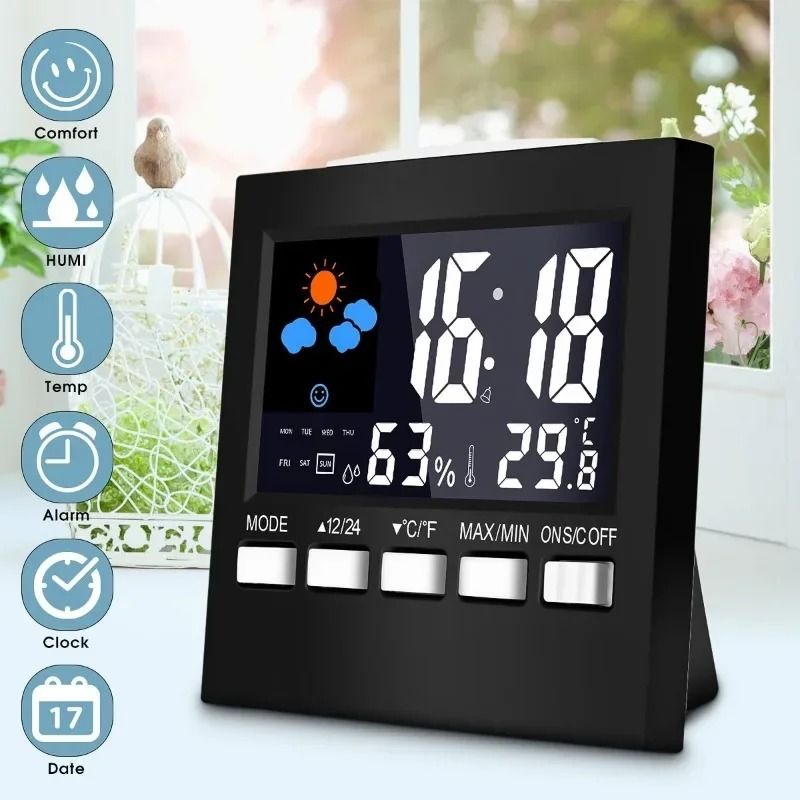 Digital Weather Forecast Station | LCD Indoor Temperature & Humidity Monitor | Voice Control Executive Alarm Clock